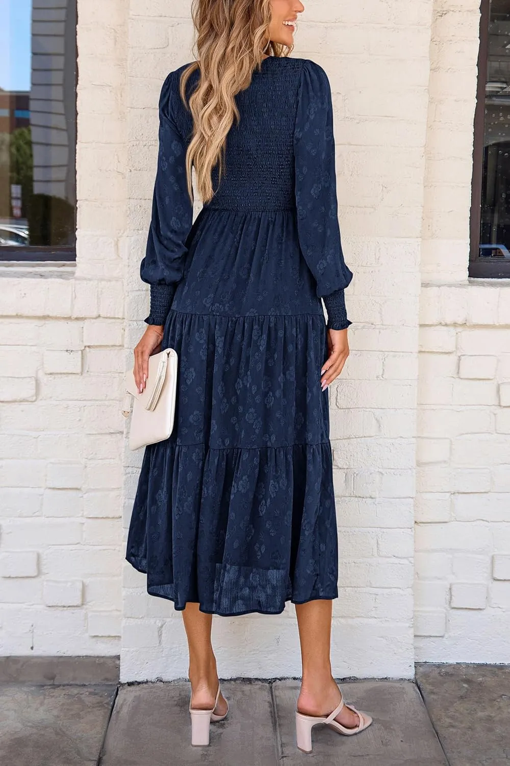 PRETTYGARDEN Women's Fall Spring Midi Dress Long Sleeve Floral Smocked Elegant Wedding Guest Long Flowy Dresses with Pockets