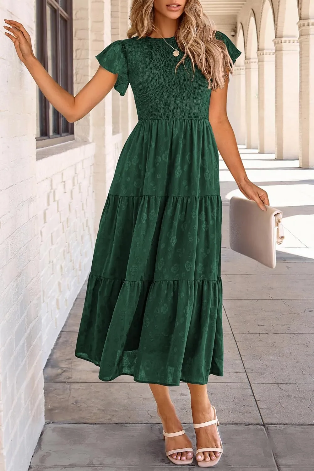 PRETTYGARDEN Women's Floral Midi Dress 2025 Summer Cap Sleeve Smocked Ruffle A Line Long Flowy Wedding Guest Dresses