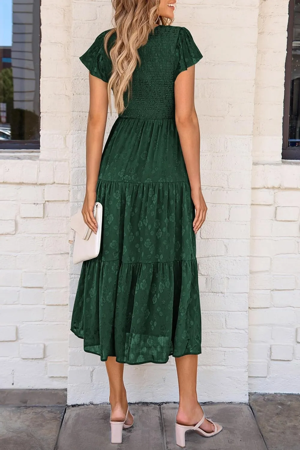 PRETTYGARDEN Women's Floral Midi Dress 2025 Summer Cap Sleeve Smocked Ruffle A Line Long Flowy Wedding Guest Dresses
