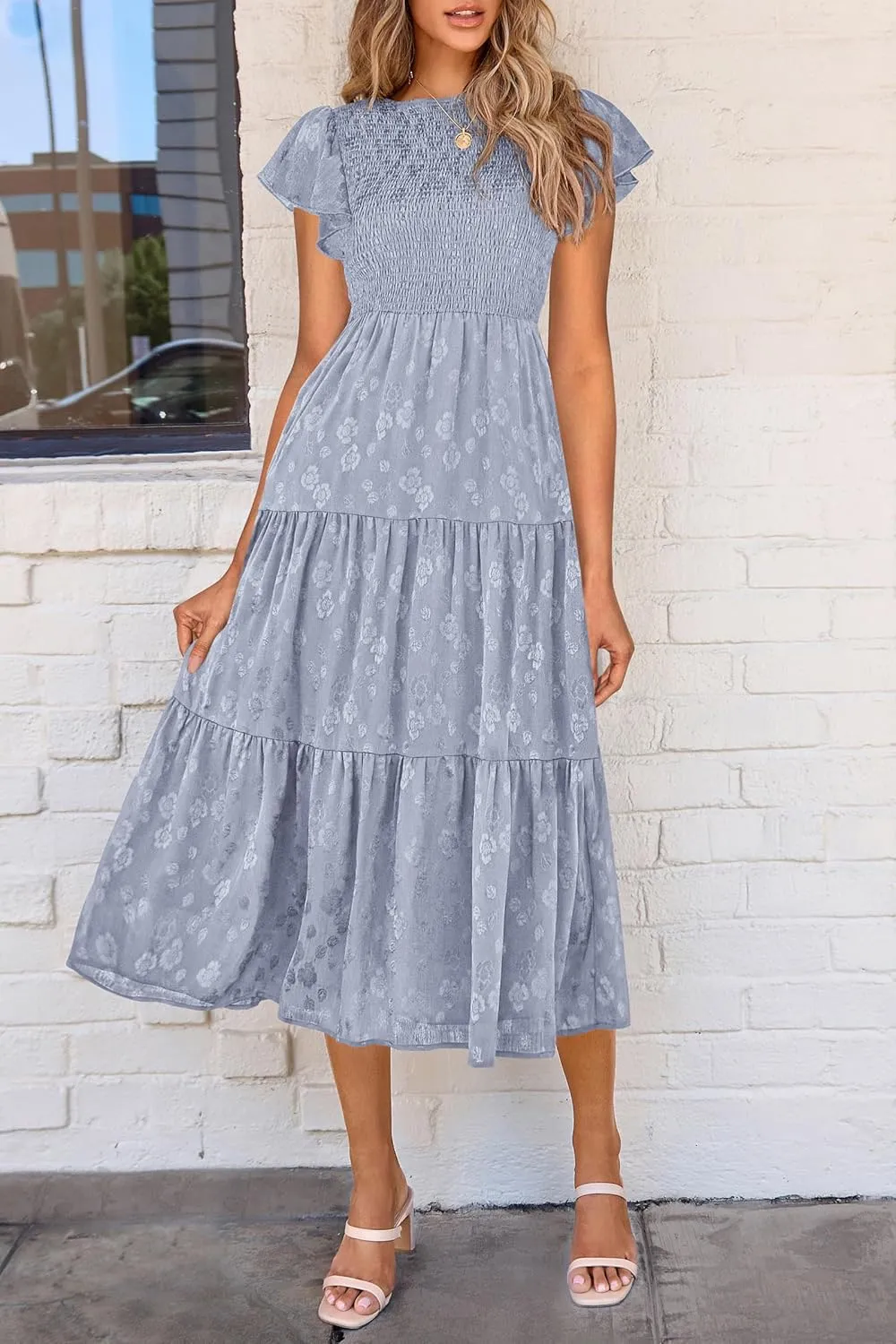 PRETTYGARDEN Women's Floral Midi Dress 2025 Summer Cap Sleeve Smocked Ruffle A Line Long Flowy Wedding Guest Dresses