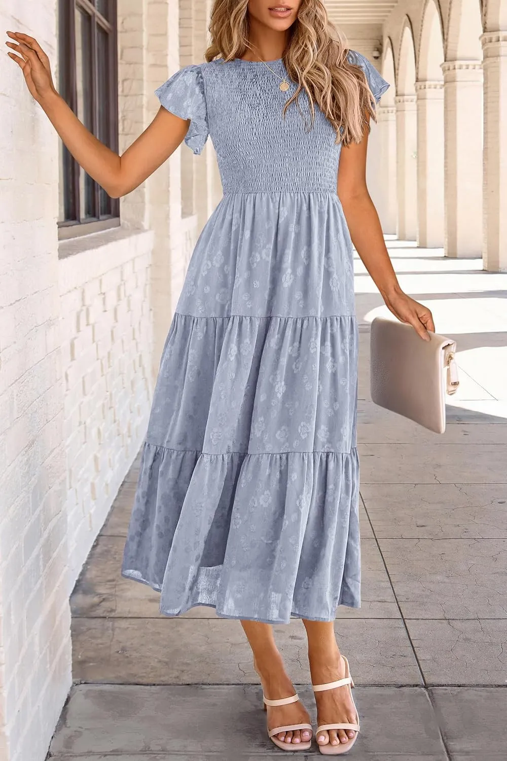 PRETTYGARDEN Women's Floral Midi Dress 2025 Summer Cap Sleeve Smocked Ruffle A Line Long Flowy Wedding Guest Dresses