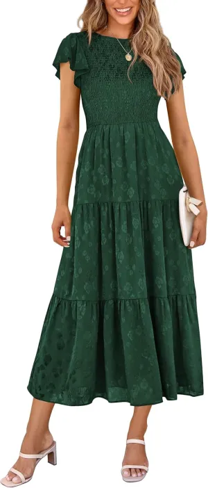 PRETTYGARDEN Women's Floral Midi Dress 2025 Summer Cap Sleeve Smocked Ruffle A Line Long Flowy Wedding Guest Dresses