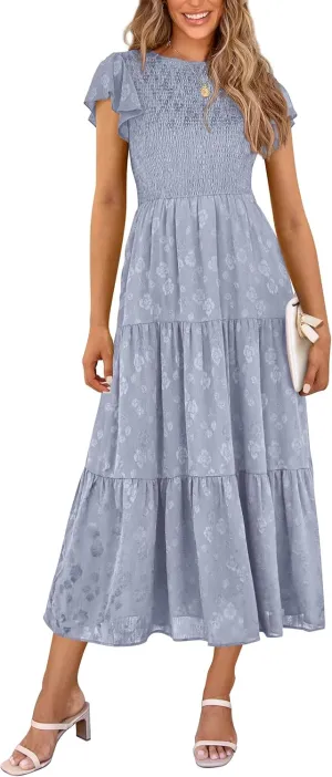 PRETTYGARDEN Women's Floral Midi Dress 2025 Summer Cap Sleeve Smocked Ruffle A Line Long Flowy Wedding Guest Dresses