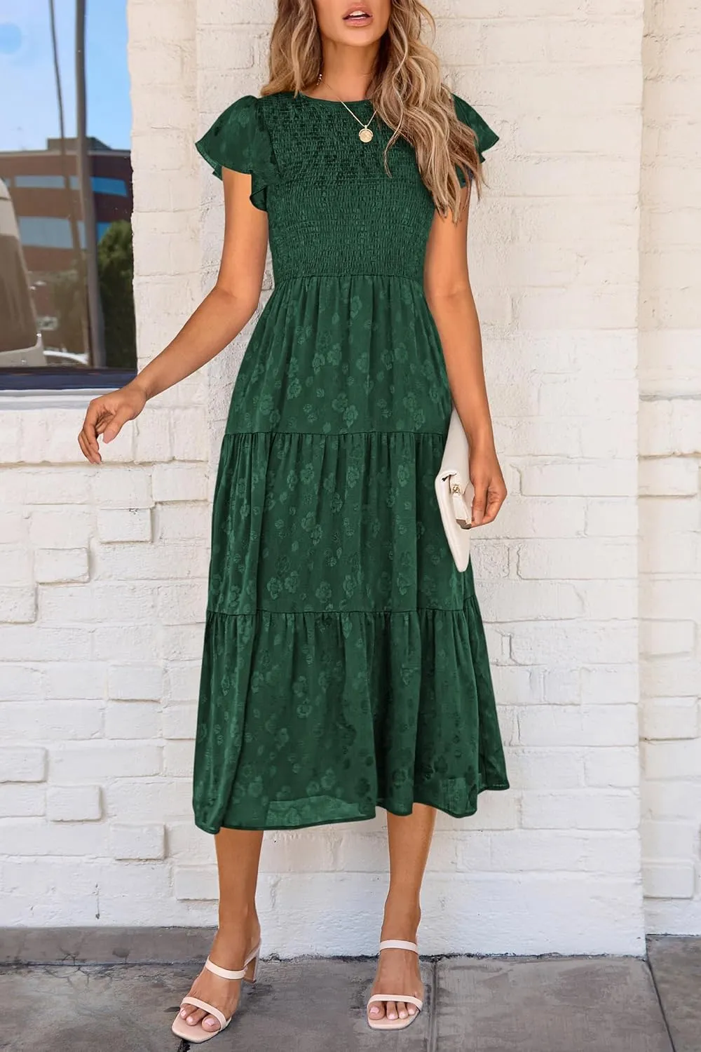 PRETTYGARDEN Women's Floral Midi Dress 2025 Summer Cap Sleeve Smocked Ruffle A Line Long Flowy Wedding Guest Dresses