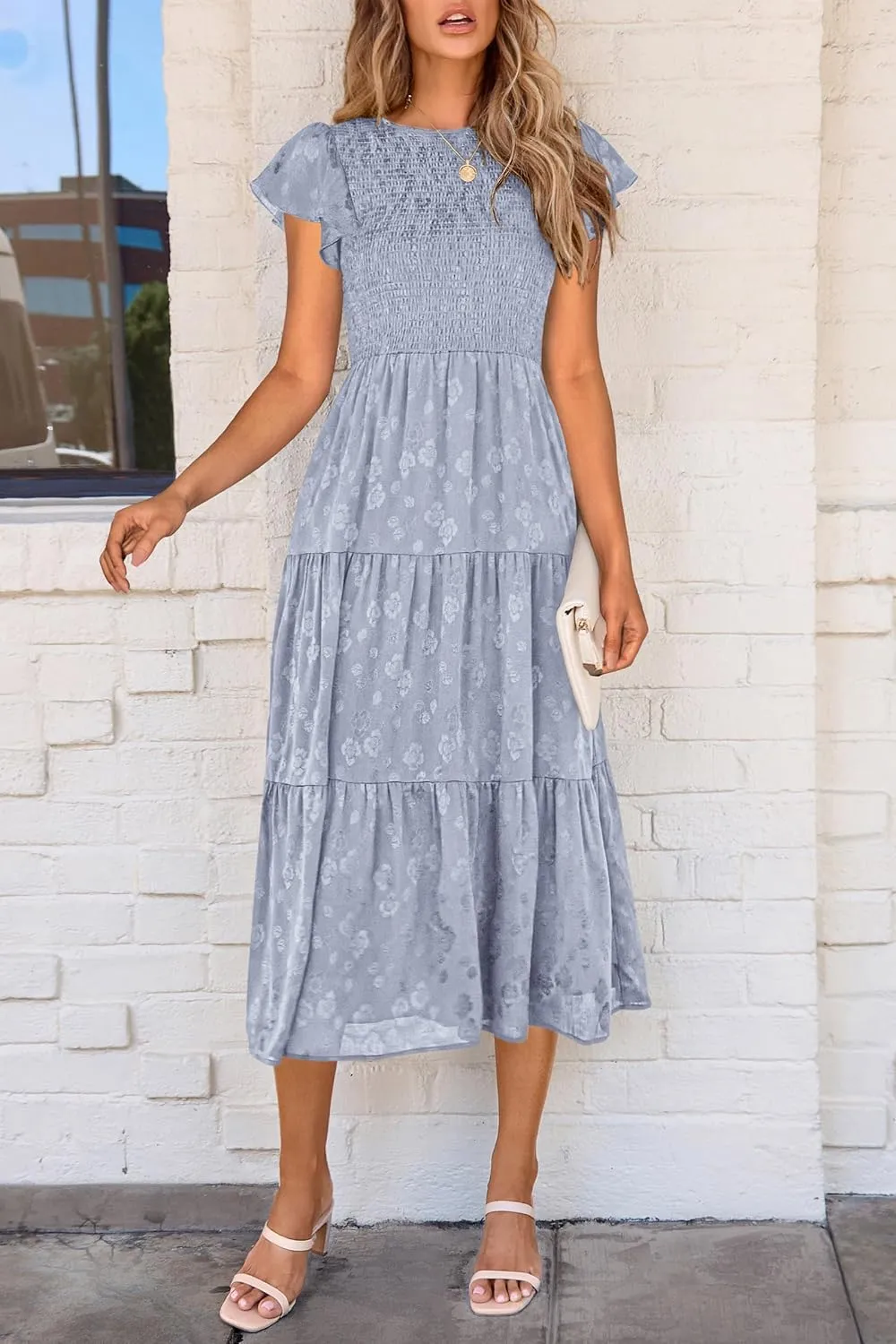 PRETTYGARDEN Women's Floral Midi Dress 2025 Summer Cap Sleeve Smocked Ruffle A Line Long Flowy Wedding Guest Dresses