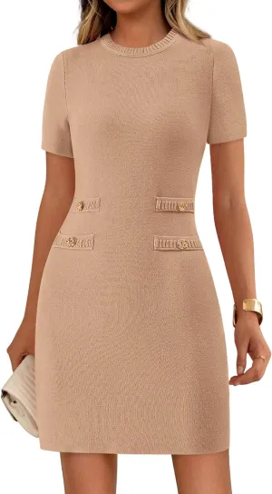 PRETTYGARDEN Work Dresses for Women 2025 Elegant Classy Spring Summer Business Casual Short Sleeve Sheath Short Dress