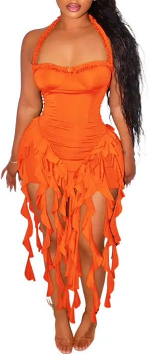 Ptorlio Sexy Women's Mini Halter Dress Birthday Party Club Ruffle Tassel Backless Bodycon Short Dresses