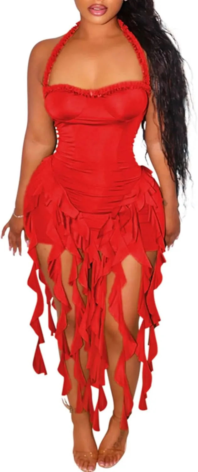 Ptorlio Sexy Women's Mini Halter Dress Birthday Party Club Ruffle Tassel Backless Bodycon Short Dresses