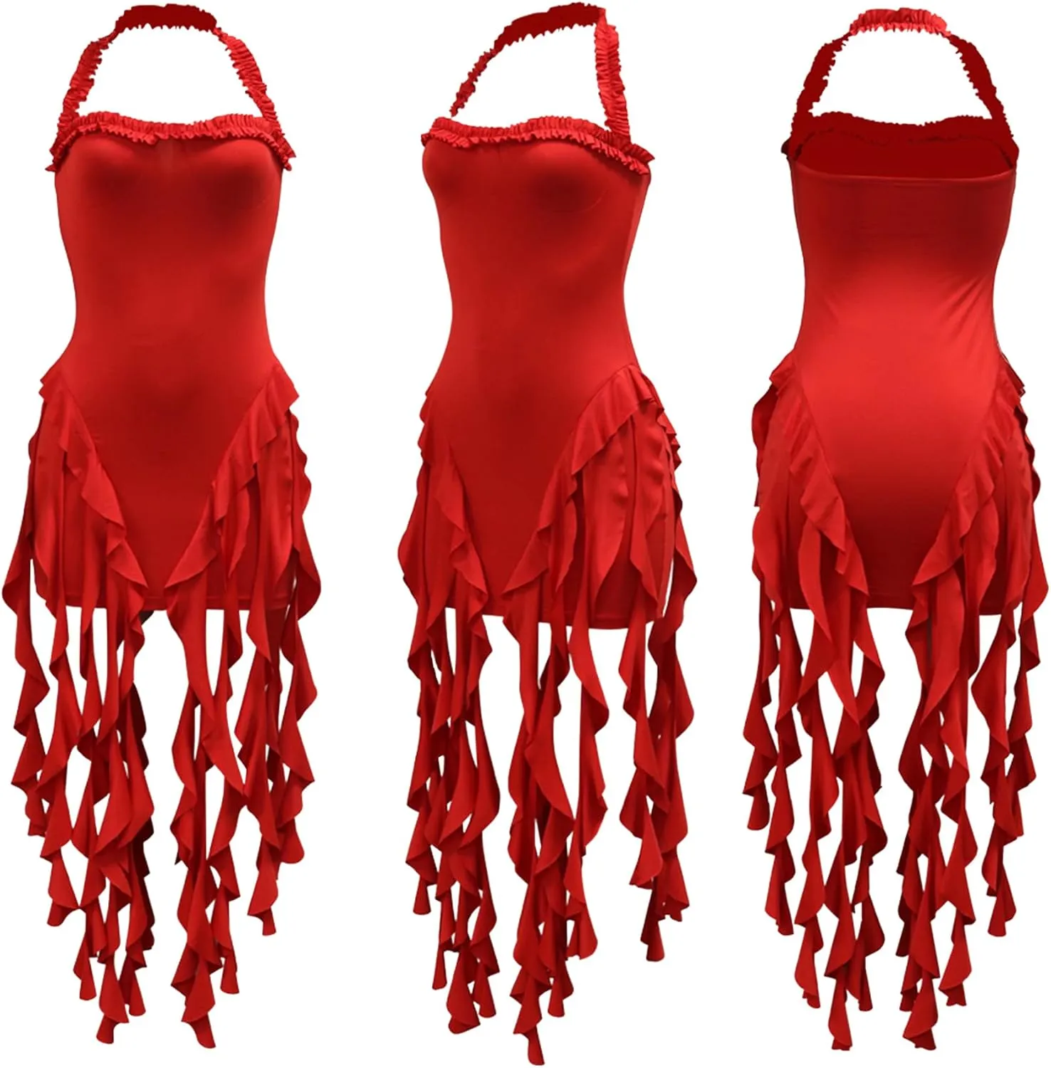 Ptorlio Sexy Women's Mini Halter Dress Birthday Party Club Ruffle Tassel Backless Bodycon Short Dresses