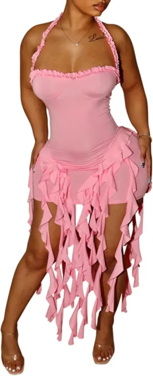 Ptorlio Sexy Women's Mini Halter Dress Birthday Party Club Ruffle Tassel Backless Bodycon Short Dresses