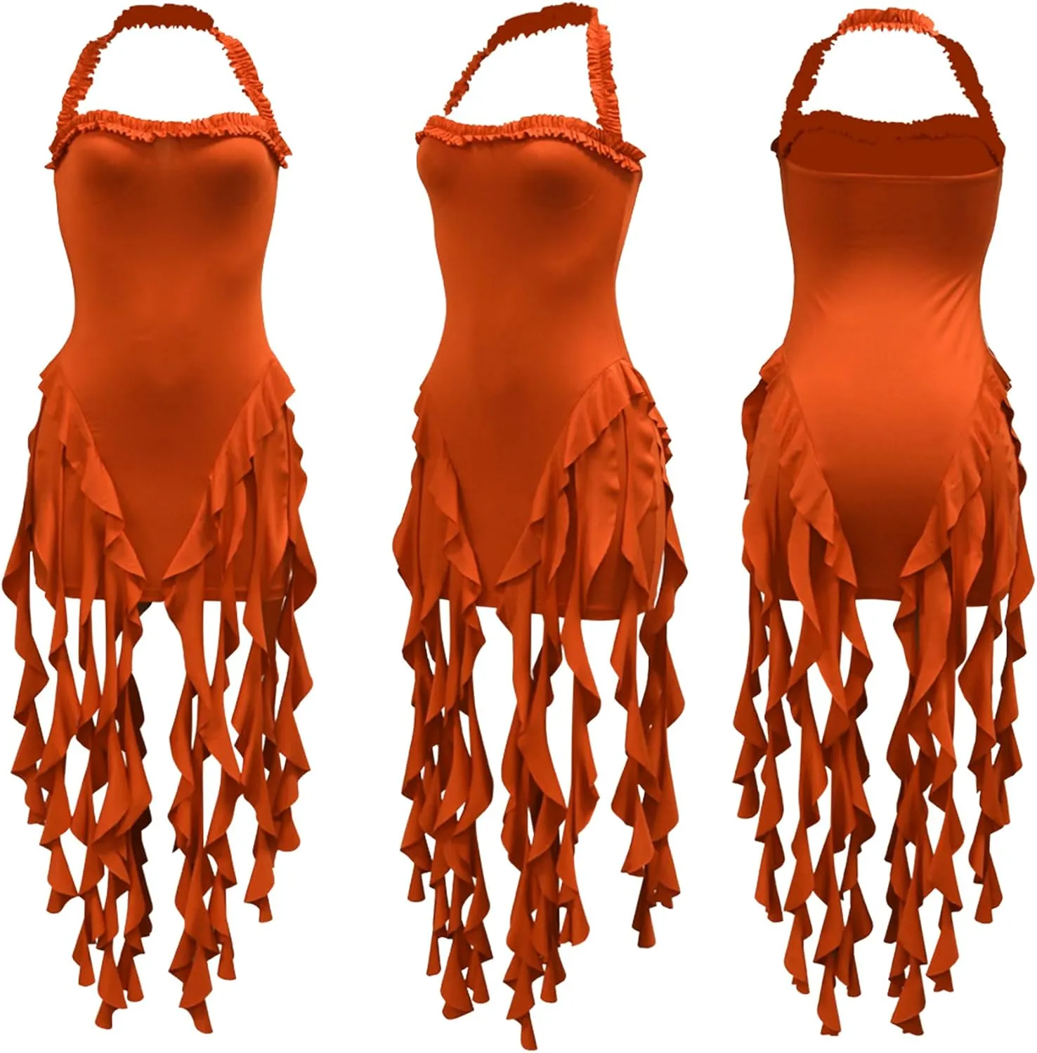 Ptorlio Sexy Women's Mini Halter Dress Birthday Party Club Ruffle Tassel Backless Bodycon Short Dresses