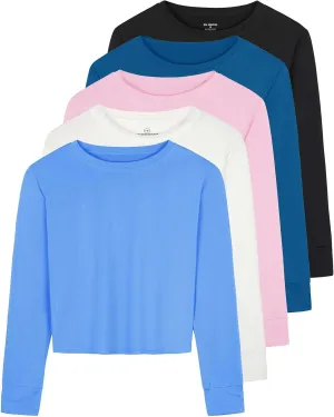 Real Essentials 5 Pack: Women's Dry Fit Crop Top - Long Sleeve Crew Neck Stretch Athletic Tee (Available in Plus Size)
