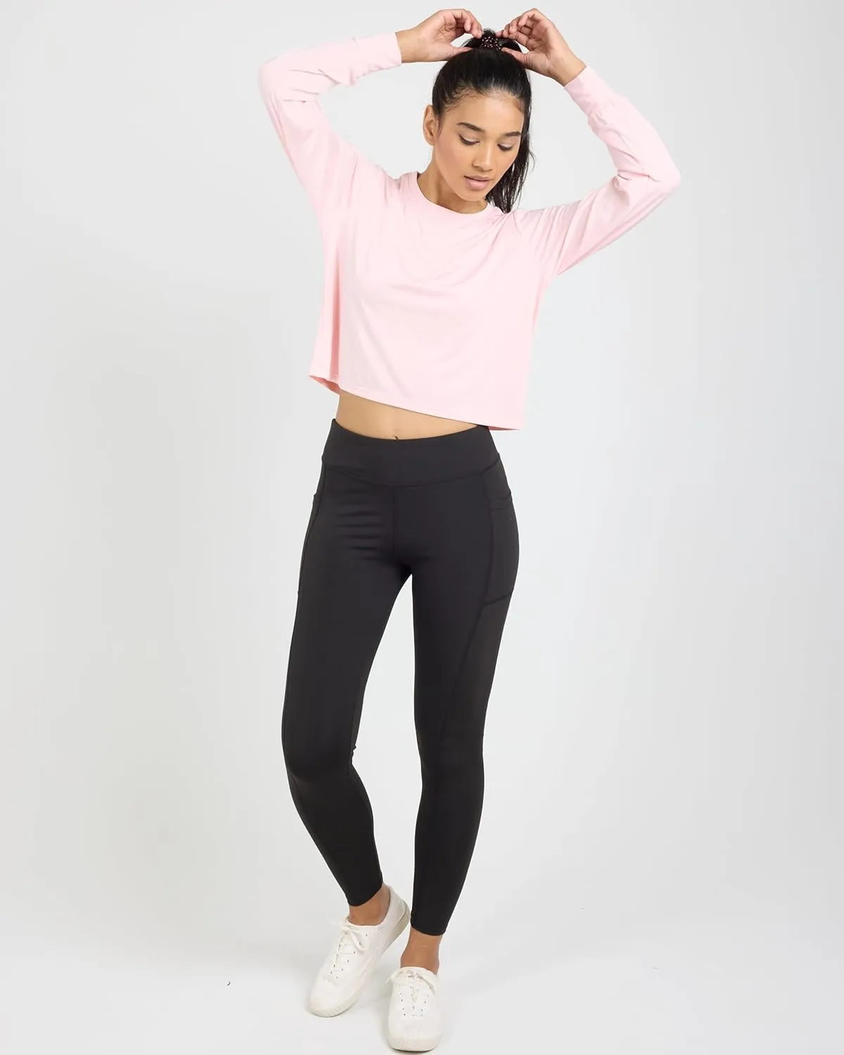 Real Essentials 5 Pack: Women's Dry Fit Crop Top - Long Sleeve Crew Neck Stretch Athletic Tee (Available in Plus Size)