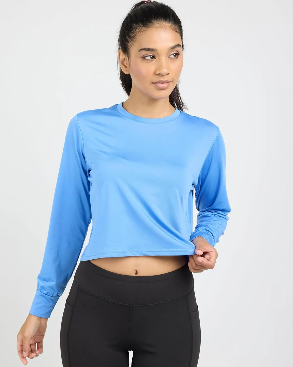 Real Essentials 5 Pack: Women's Dry Fit Crop Top - Long Sleeve Crew Neck Stretch Athletic Tee (Available in Plus Size)