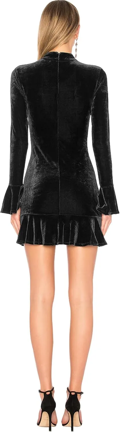 SHESEEWORLD Women's Velvet Long Sleeve Sexy Ruffles Bodycon Back Zipper Mini Club Party Dress