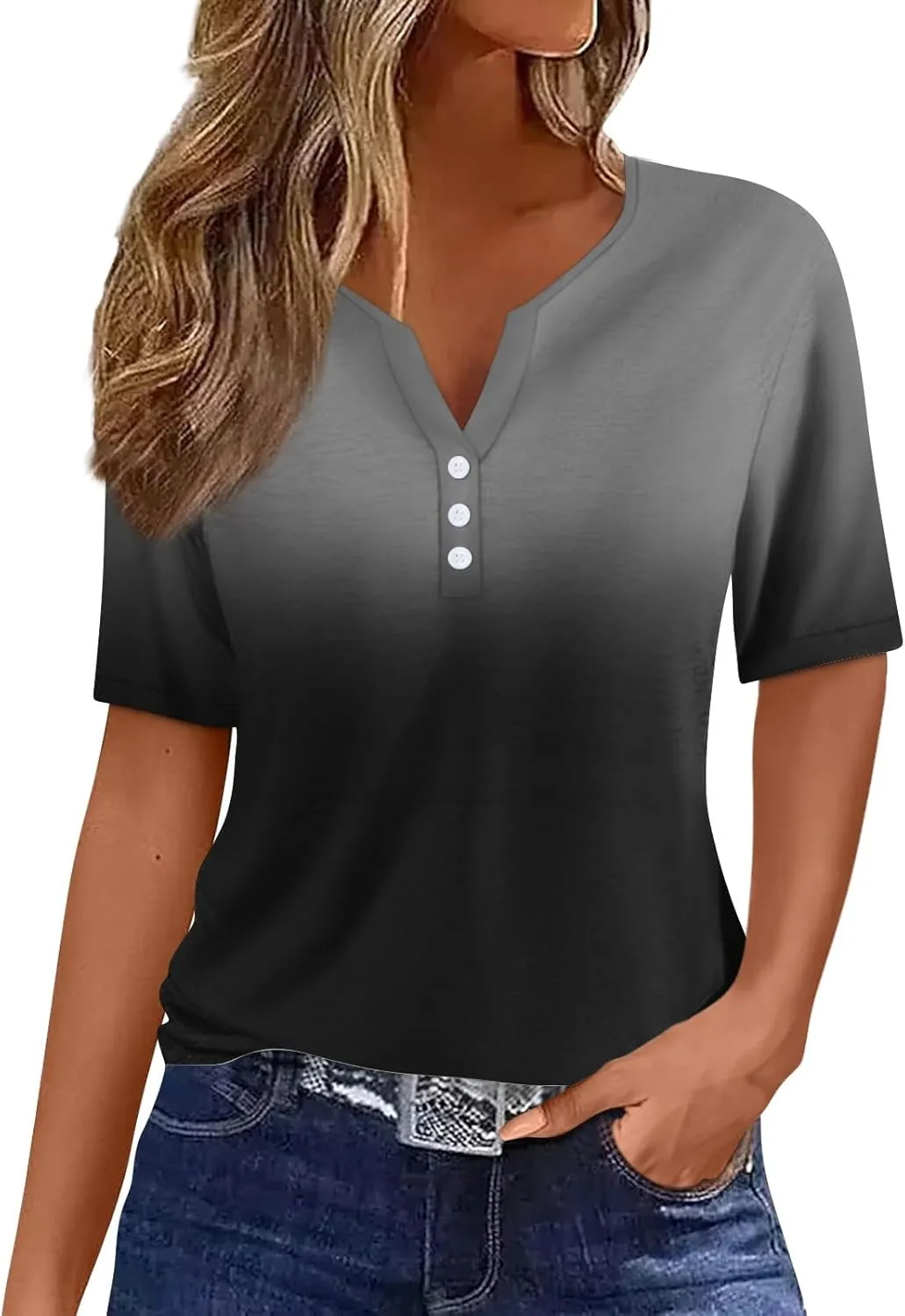 Short Sleeve Shirts for Women Summer Tops 2025 Trendy Plus Size Casual Button Down V Neck Tunic Tops for Women