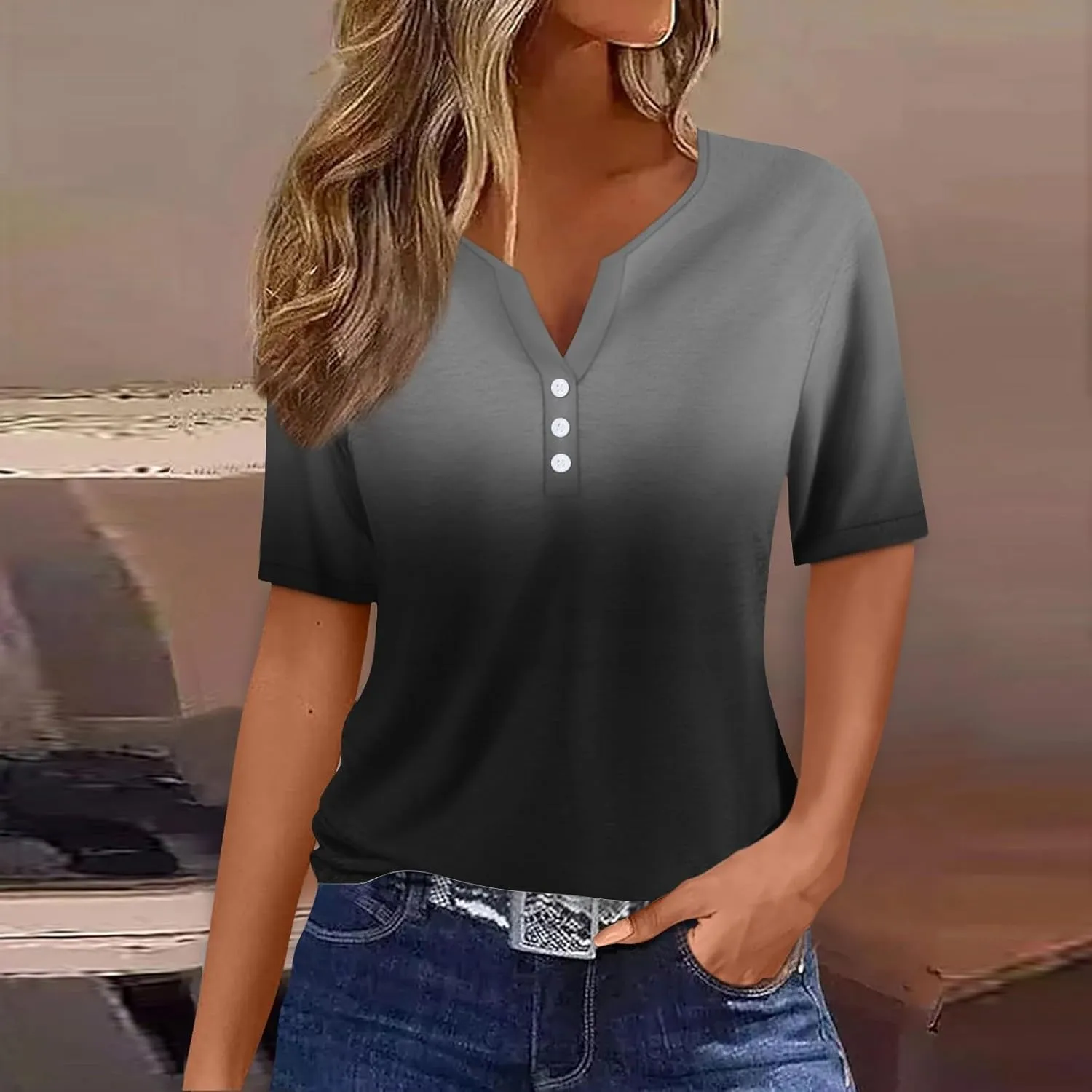 Short Sleeve Shirts for Women Summer Tops 2025 Trendy Plus Size Casual Button Down V Neck Tunic Tops for Women