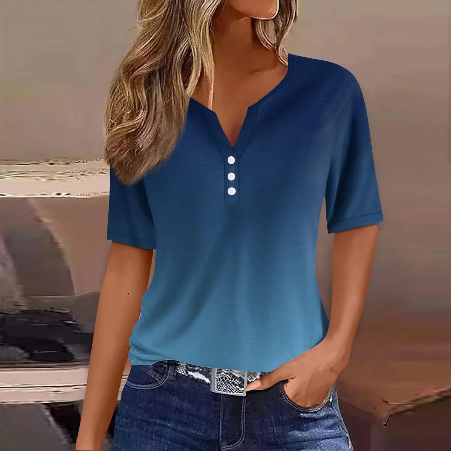 Short Sleeve Shirts for Women Summer Tops 2025 Trendy Plus Size Casual Button Down V Neck Tunic Tops for Women
