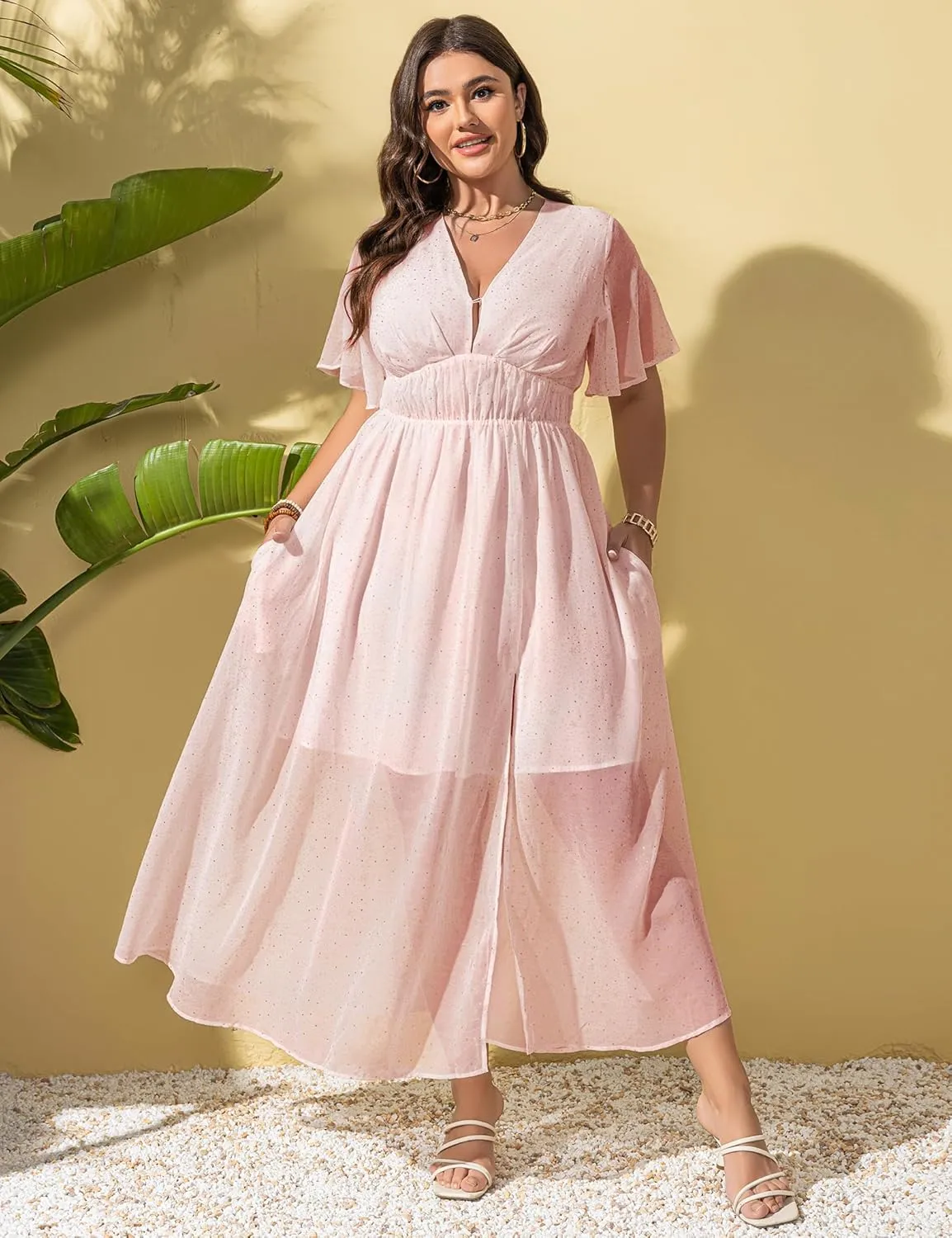 Summer Dresses for Women 2025 Elegant Classy Cocktail Wedding Guest Dress Short Sleeve Slit Maxi with Pockets