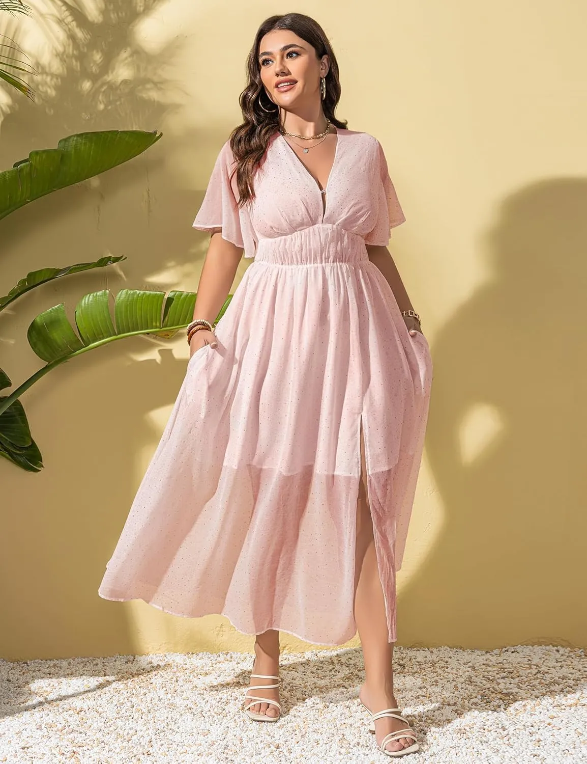Summer Dresses for Women 2025 Elegant Classy Cocktail Wedding Guest Dress Short Sleeve Slit Maxi with Pockets
