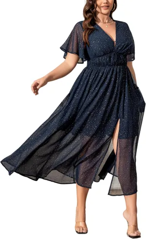 Summer Dresses for Women 2025 Elegant Classy Cocktail Wedding Guest Dress Short Sleeve Slit Maxi with Pockets