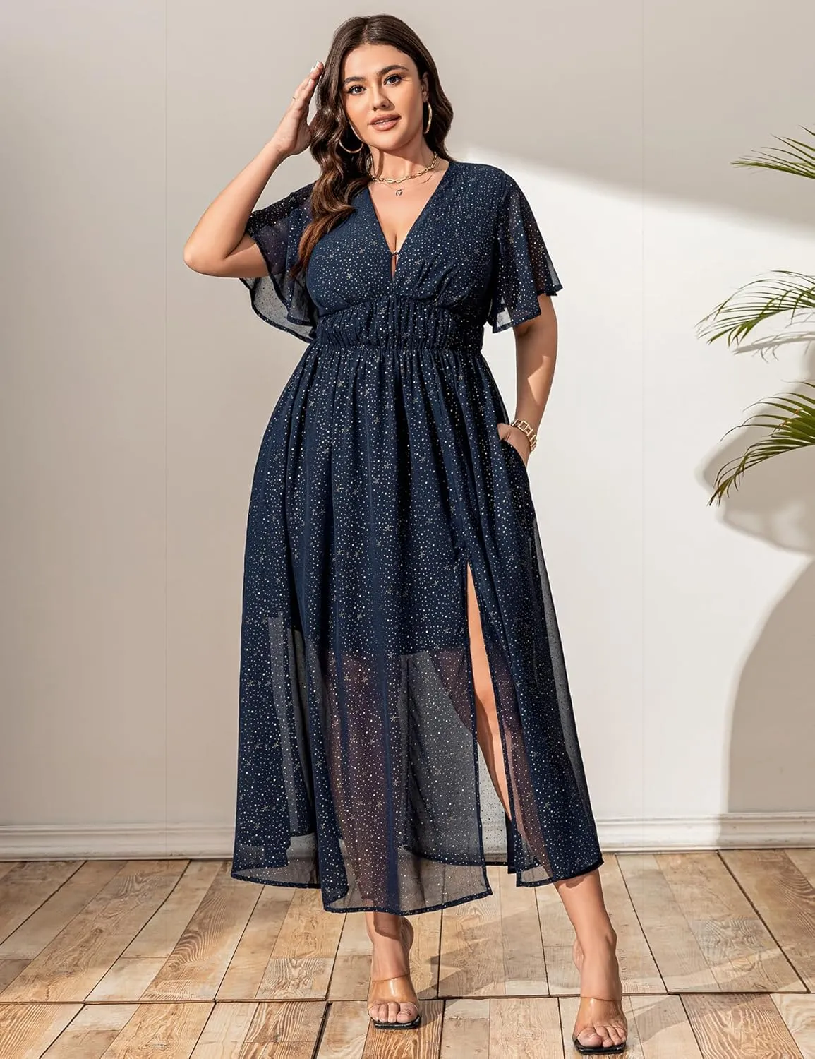 Summer Dresses for Women 2025 Elegant Classy Cocktail Wedding Guest Dress Short Sleeve Slit Maxi with Pockets