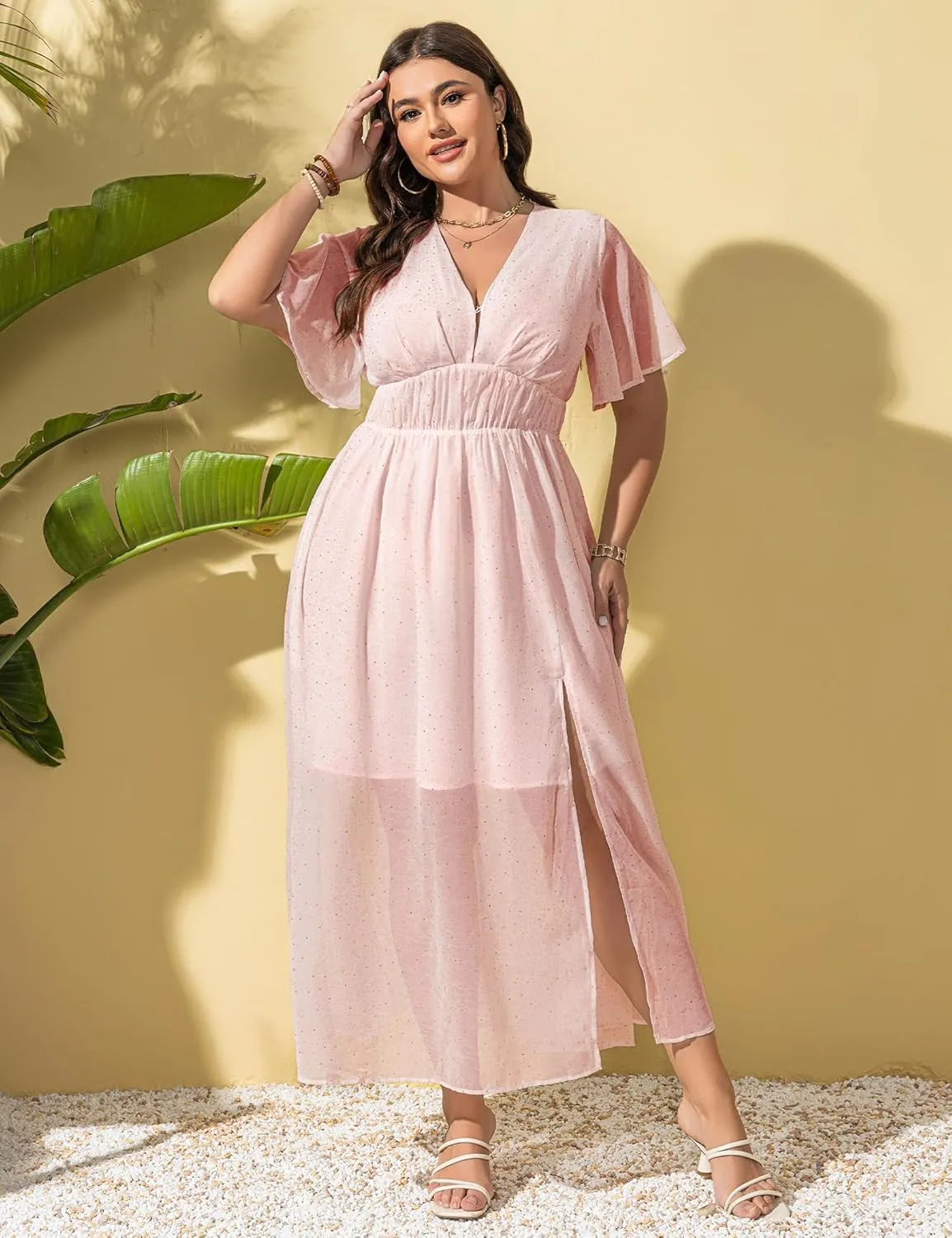 Summer Dresses for Women 2025 Elegant Classy Cocktail Wedding Guest Dress Short Sleeve Slit Maxi with Pockets