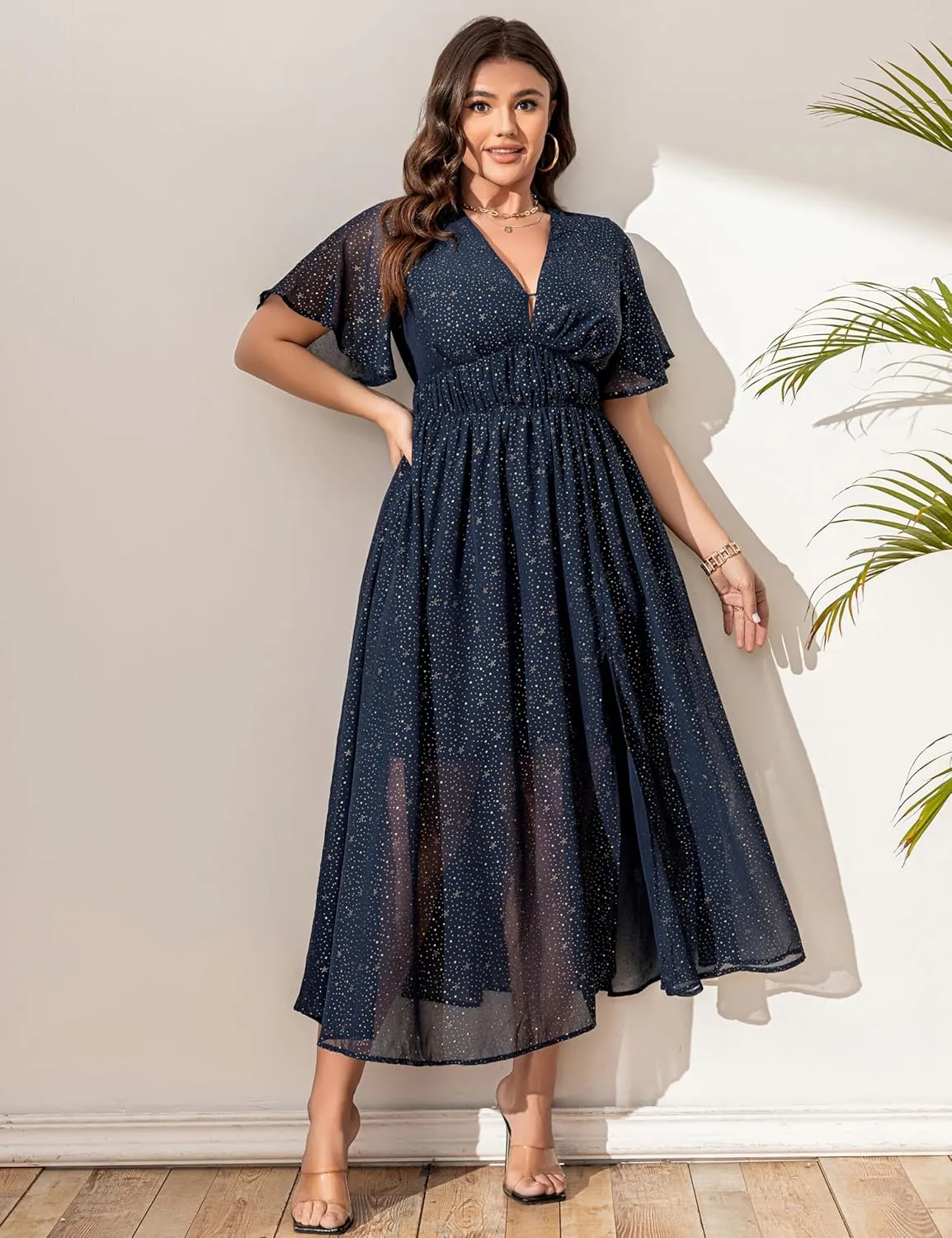 Summer Dresses for Women 2025 Elegant Classy Cocktail Wedding Guest Dress Short Sleeve Slit Maxi with Pockets