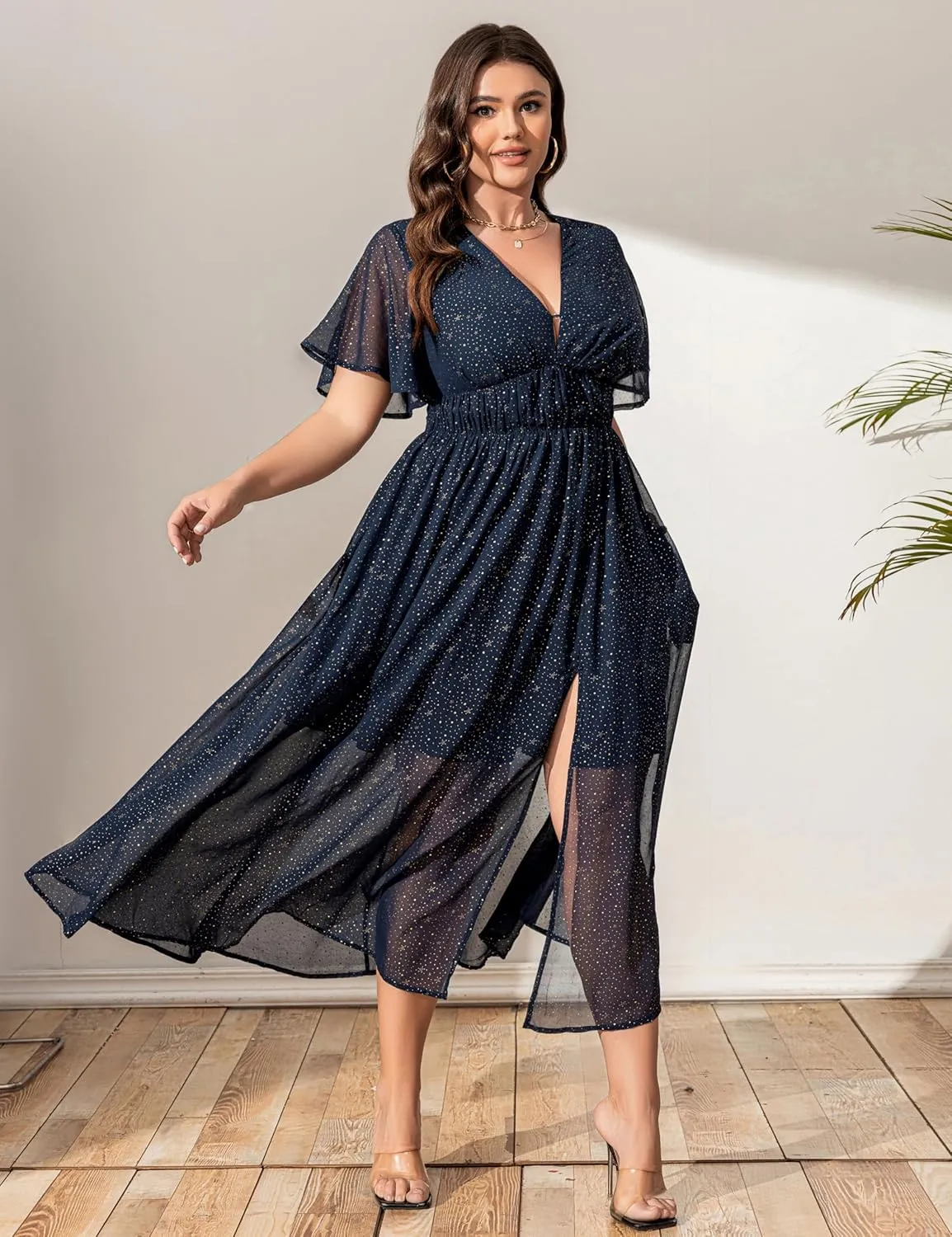 Summer Dresses for Women 2025 Elegant Classy Cocktail Wedding Guest Dress Short Sleeve Slit Maxi with Pockets