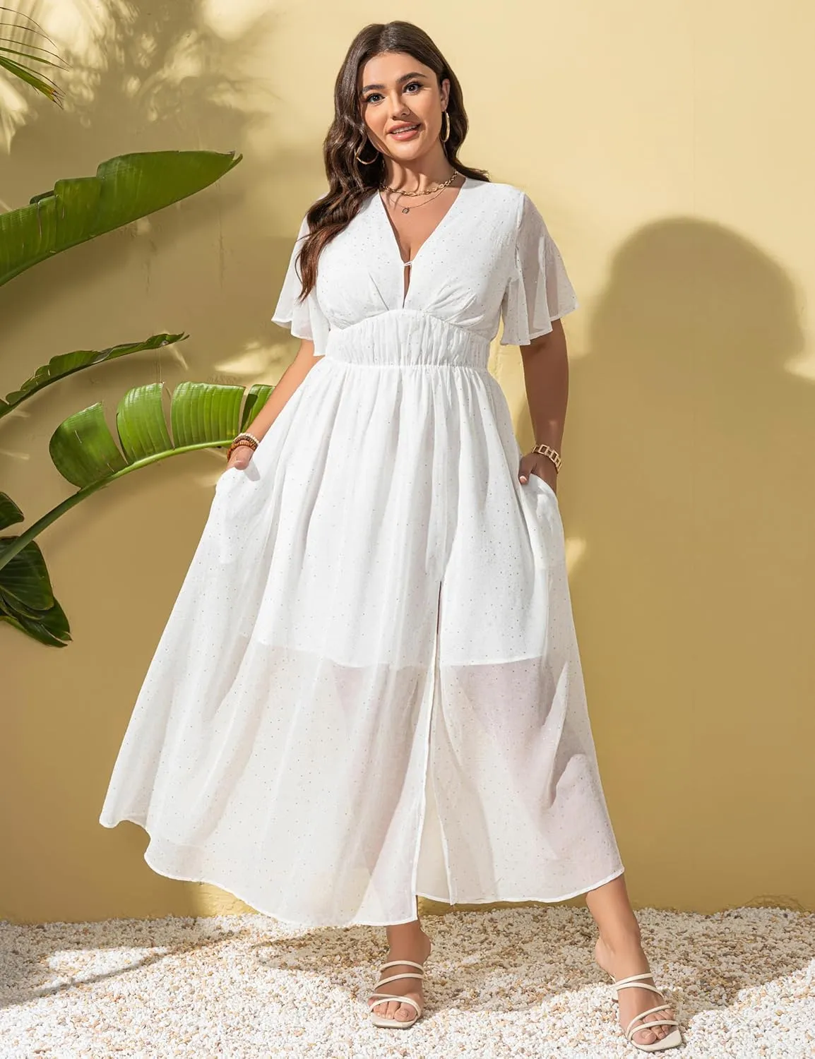 Summer Dresses for Women 2025 Elegant Classy Cocktail Wedding Guest Dress Short Sleeve Slit Maxi with Pockets