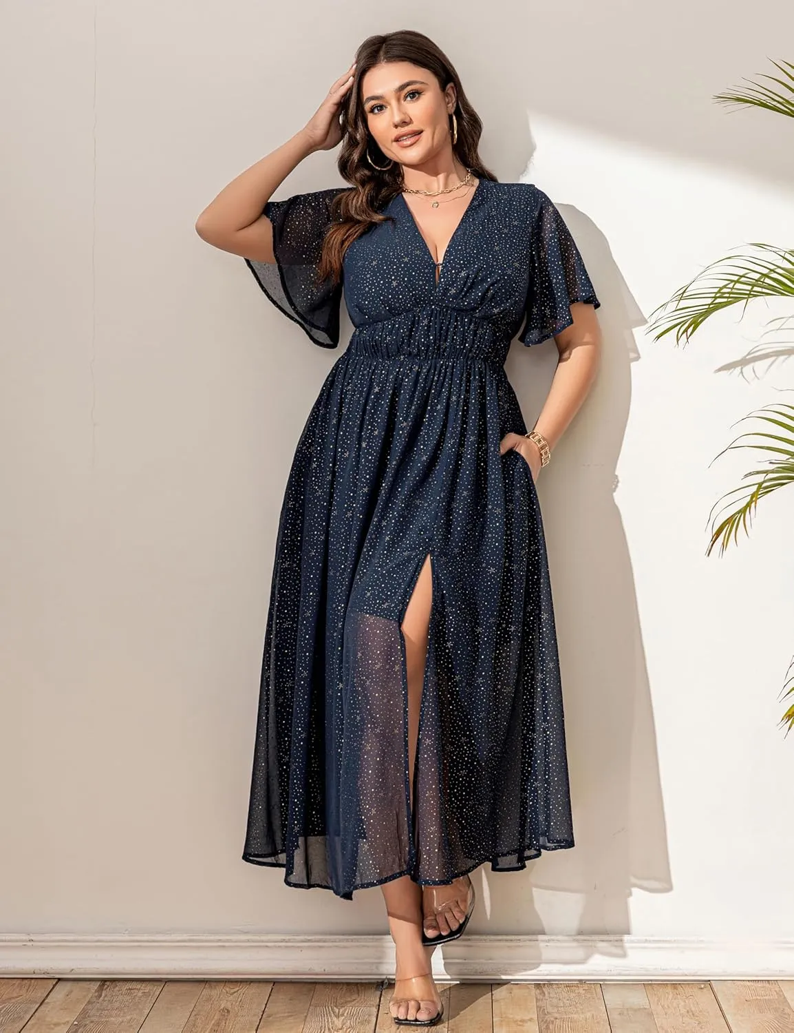 Summer Dresses for Women 2025 Elegant Classy Cocktail Wedding Guest Dress Short Sleeve Slit Maxi with Pockets