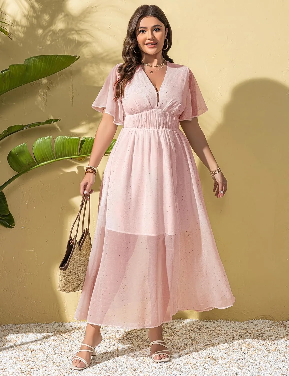 Summer Dresses for Women 2025 Elegant Classy Cocktail Wedding Guest Dress Short Sleeve Slit Maxi with Pockets