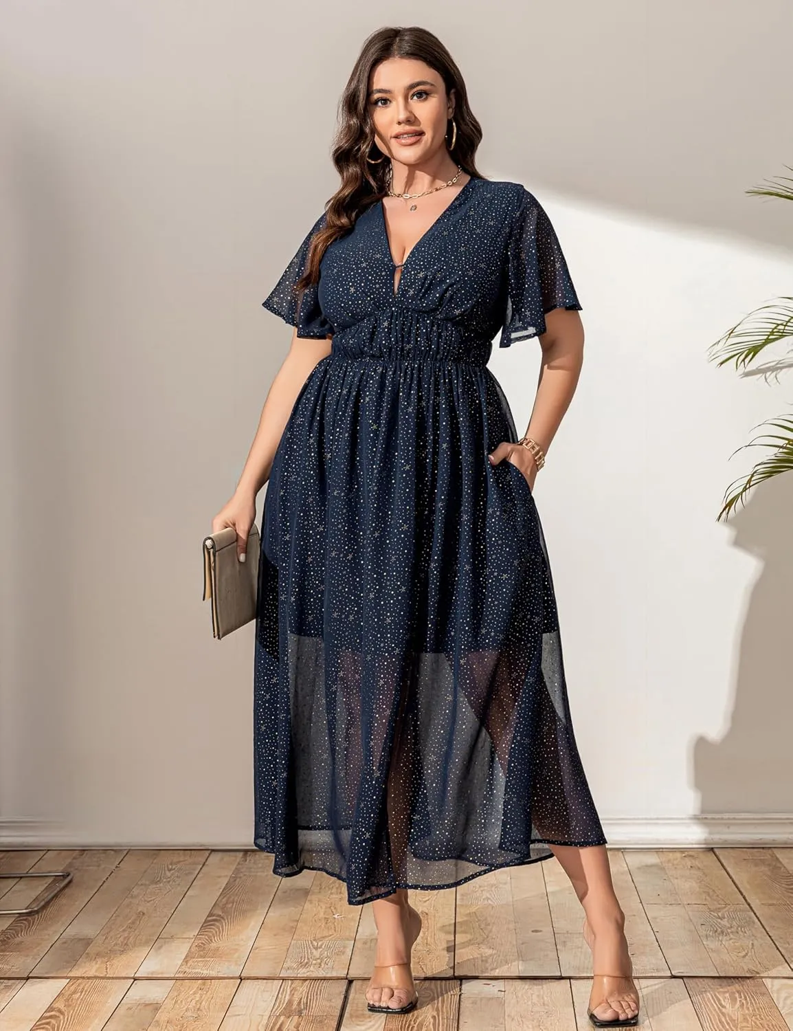 Summer Dresses for Women 2025 Elegant Classy Cocktail Wedding Guest Dress Short Sleeve Slit Maxi with Pockets