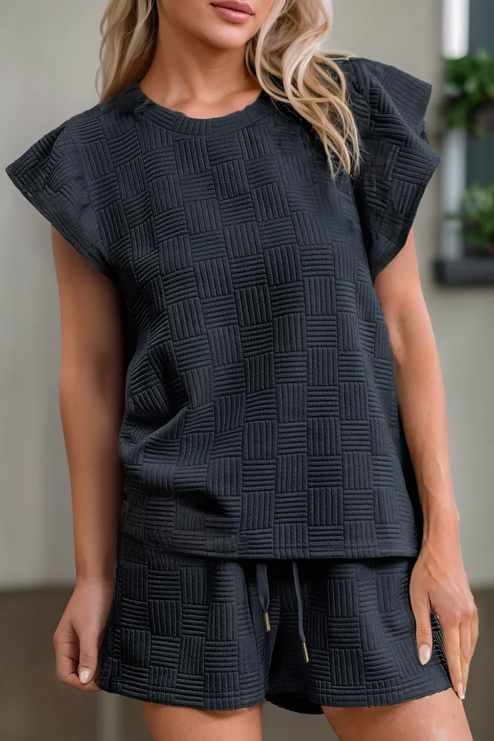 Textured Ruffled Tee and Drawstring Shorts Set