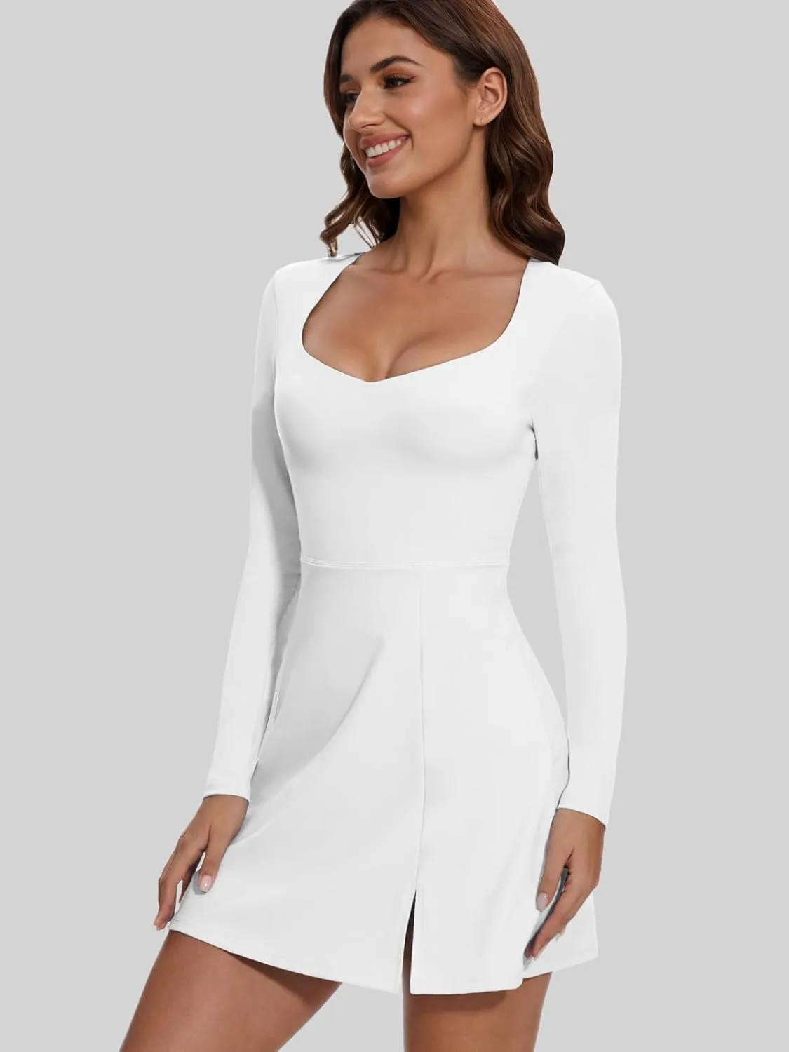 Wenlia Long Sleeve Dresses for Women 2025 Fall Women's Mini Bodycon Sweetheart Neckline Dress with Slit Built in Shorts
