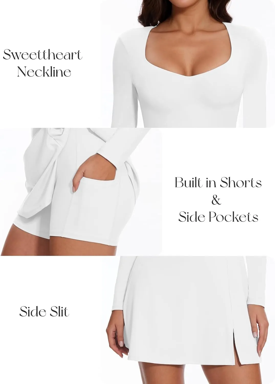 Wenlia Long Sleeve Dresses for Women 2025 Fall Women's Mini Bodycon Sweetheart Neckline Dress with Slit Built in Shorts