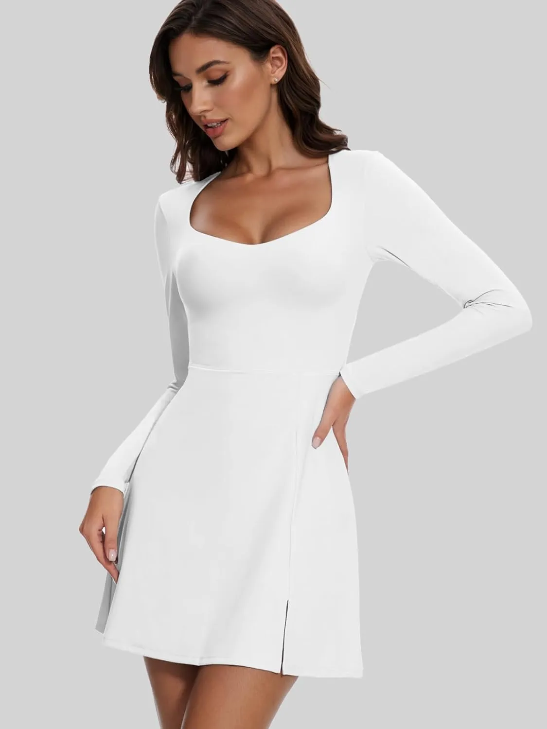 Wenlia Long Sleeve Dresses for Women 2025 Fall Women's Mini Bodycon Sweetheart Neckline Dress with Slit Built in Shorts