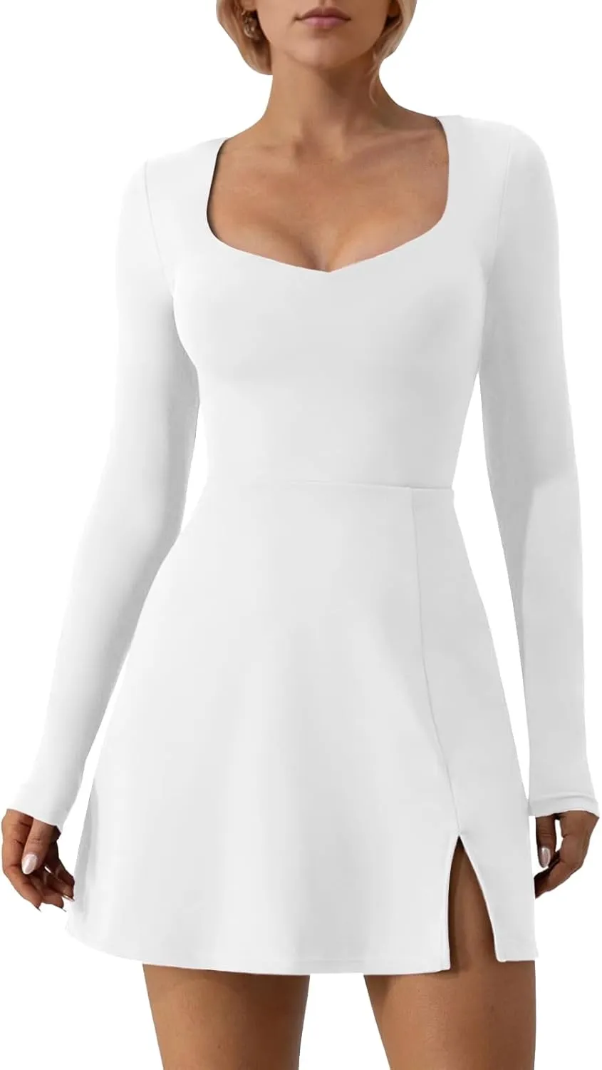Wenlia Long Sleeve Dresses for Women 2025 Fall Women's Mini Bodycon Sweetheart Neckline Dress with Slit Built in Shorts
