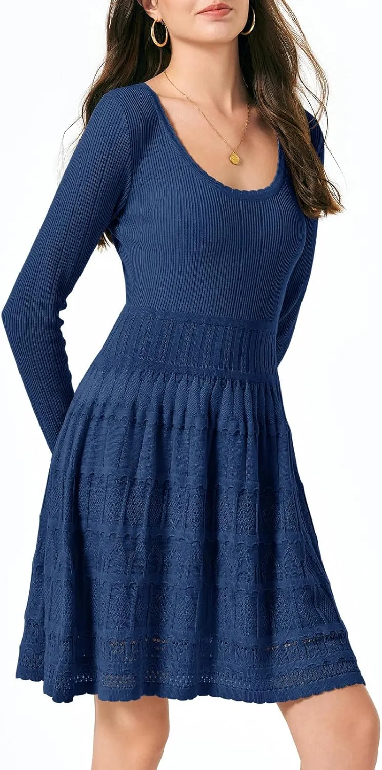 Wenrine Womens Long Sleeve Sweater Dress Knit Crochet Casual A Line Flowy Skater Mini Dresses