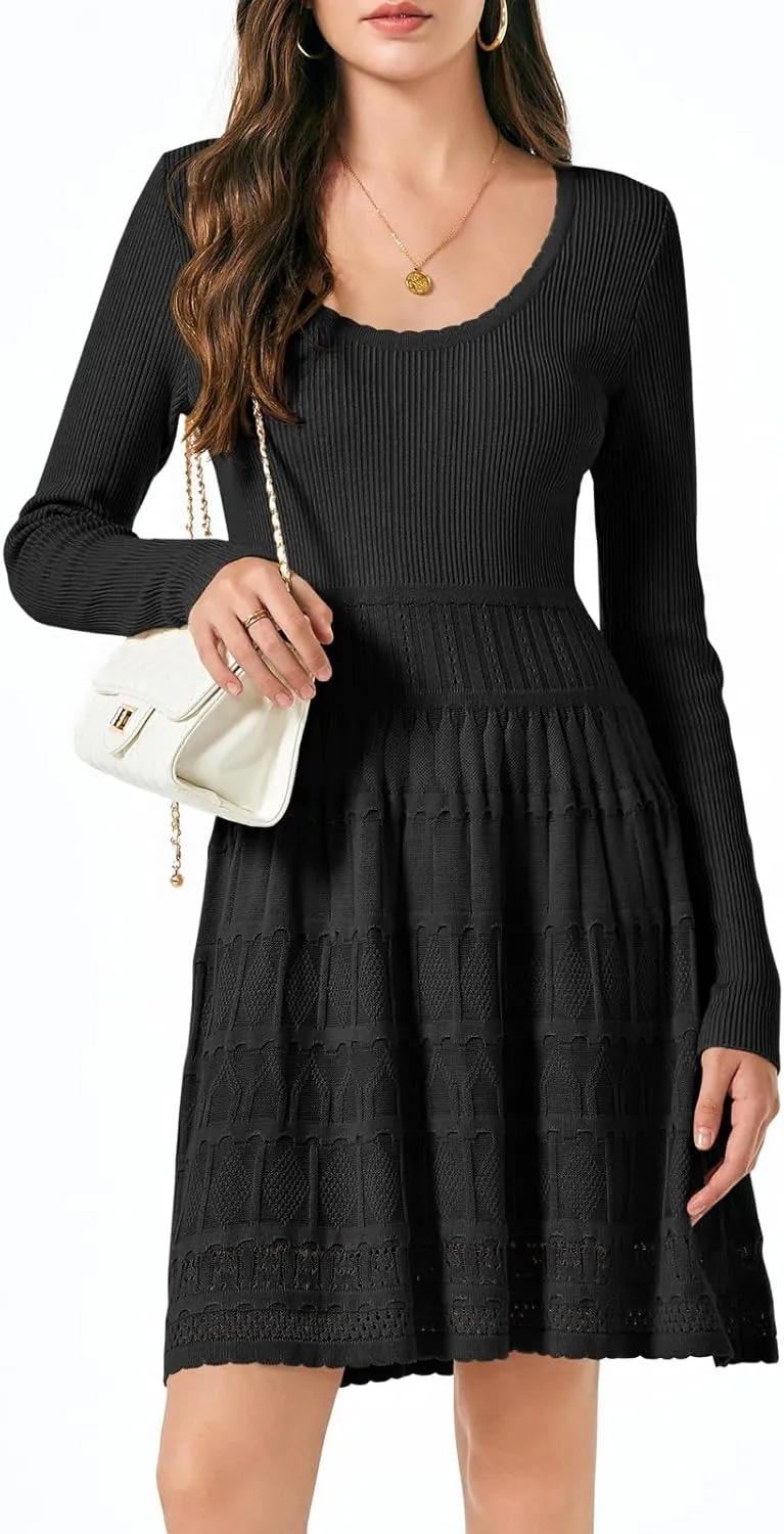 Wenrine Womens Long Sleeve Sweater Dress Knit Crochet Casual A Line Flowy Skater Mini Dresses