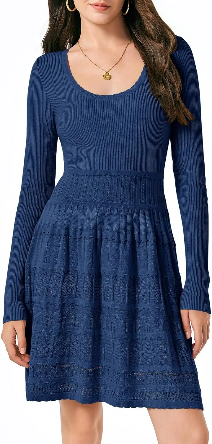 Wenrine Womens Long Sleeve Sweater Dress Knit Crochet Casual A Line Flowy Skater Mini Dresses