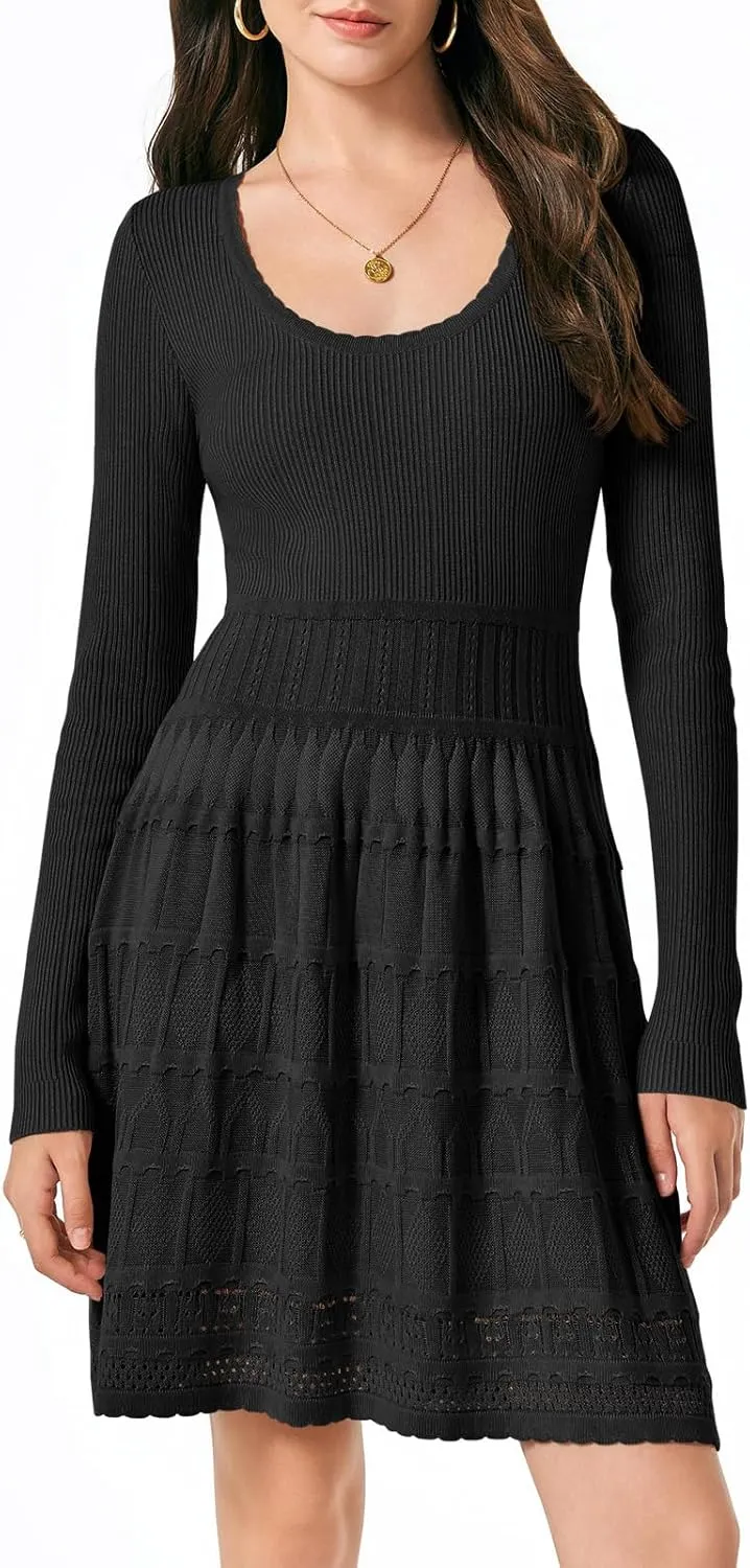 Wenrine Womens Long Sleeve Sweater Dress Knit Crochet Casual A Line Flowy Skater Mini Dresses