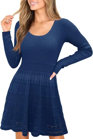 Wenrine Womens Long Sleeve Sweater Dress Knit Crochet Casual A Line Flowy Skater Mini Dresses