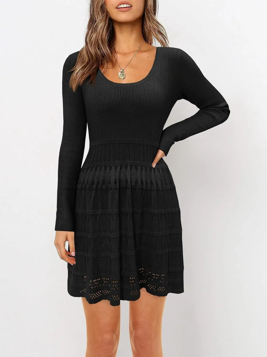 Wenrine Womens Long Sleeve Sweater Dress Knit Crochet Casual A Line Flowy Skater Mini Dresses