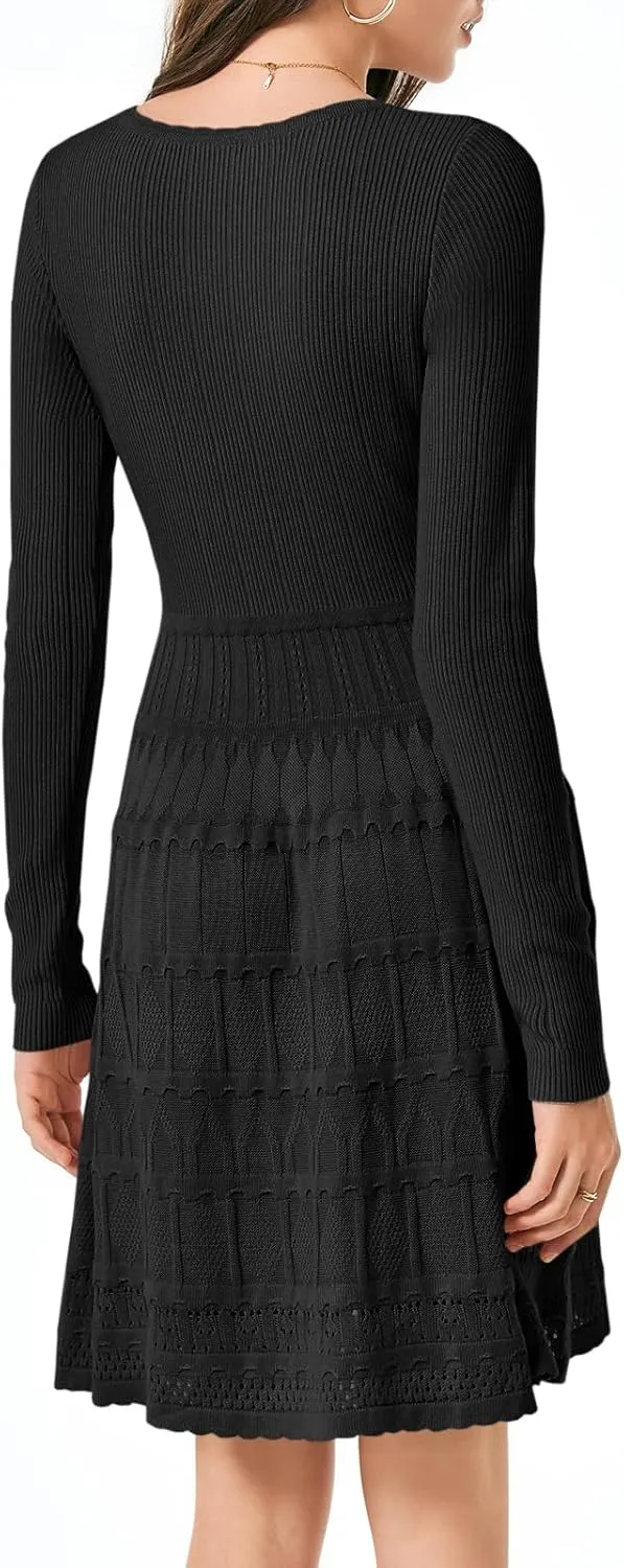 Wenrine Womens Long Sleeve Sweater Dress Knit Crochet Casual A Line Flowy Skater Mini Dresses