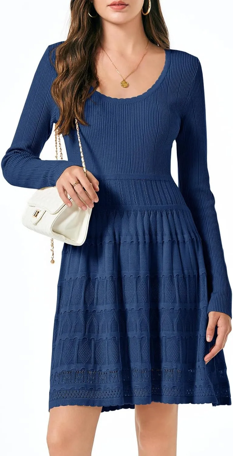 Wenrine Womens Long Sleeve Sweater Dress Knit Crochet Casual A Line Flowy Skater Mini Dresses