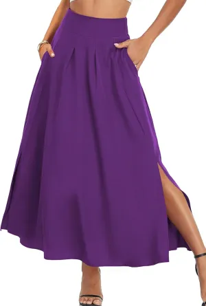 Women Maxi Skirt Flowy A Line High Waisted Long Skirts Pleated Ankle Length Slit with Pockets Zipper Closer