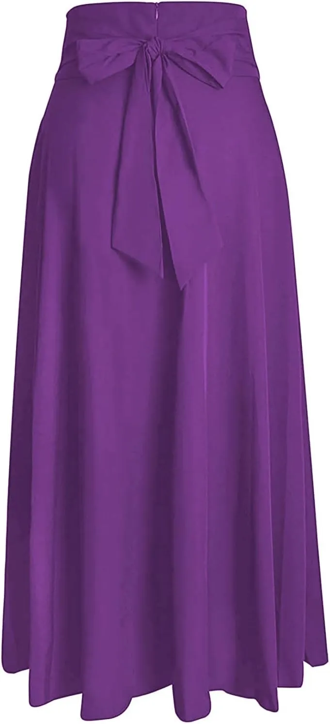 Women Maxi Skirt Flowy A Line High Waisted Long Skirts Pleated Ankle Length Slit with Pockets Zipper Closer