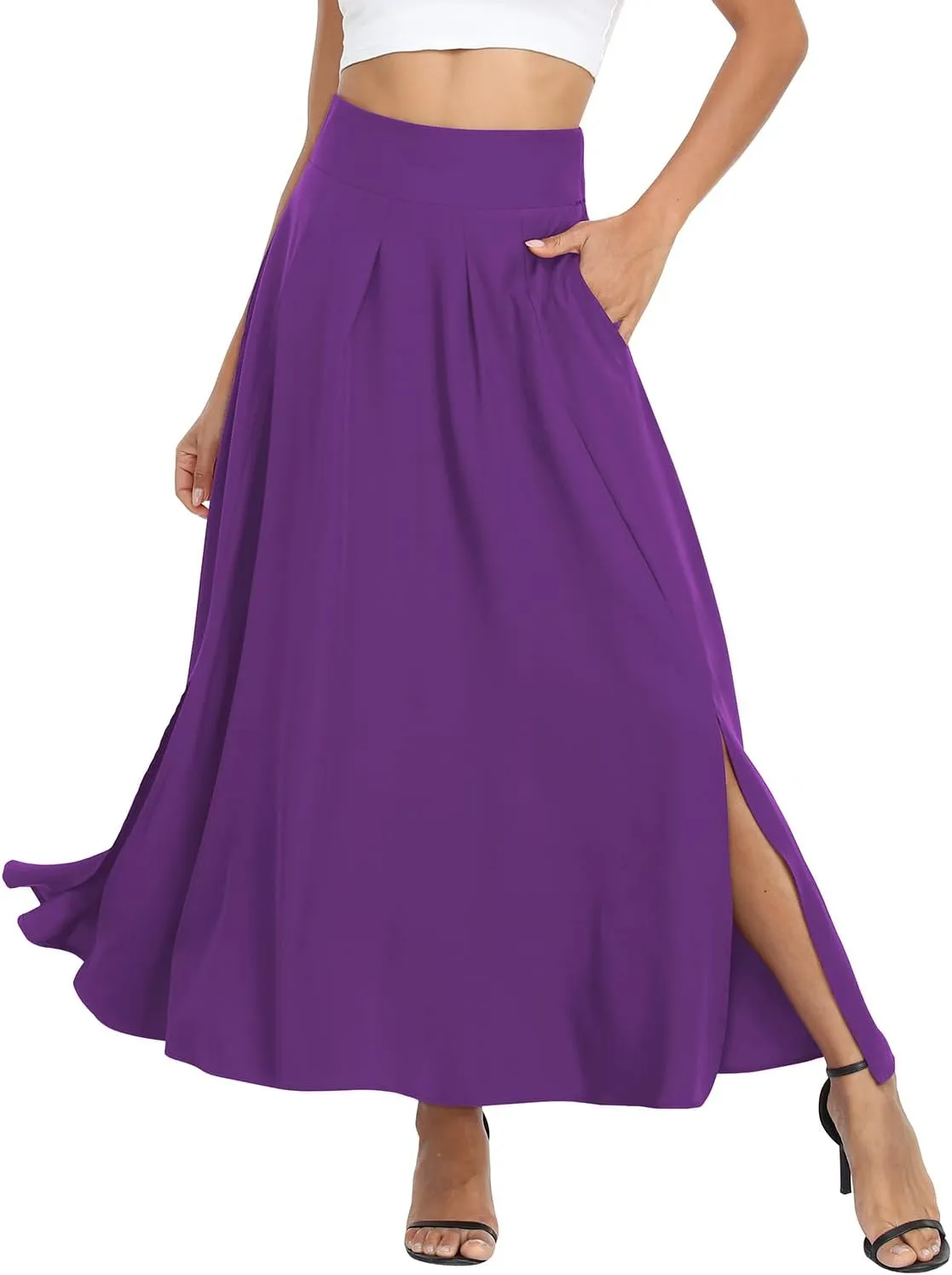 Women Maxi Skirt Flowy A Line High Waisted Long Skirts Pleated Ankle Length Slit with Pockets Zipper Closer