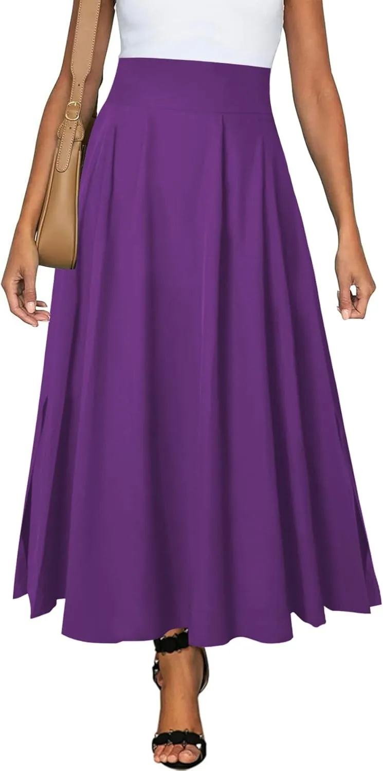 Women Maxi Skirt Flowy A Line High Waisted Long Skirts Pleated Ankle Length Slit with Pockets Zipper Closer